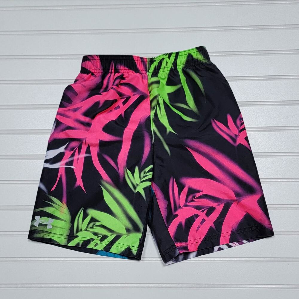 Under Armour Boys Black Swim Trunks with Neon Pink & Neon Green Tropical Print